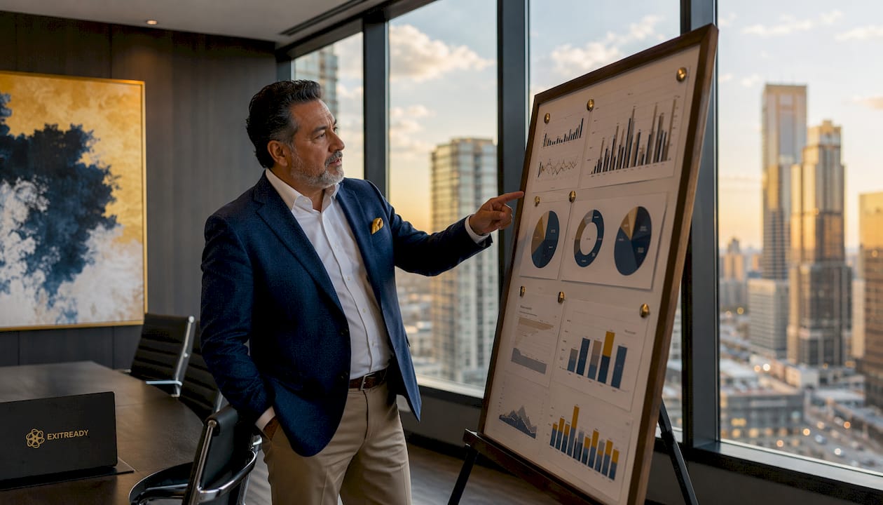 Overhead hands reviewing KPI scorecard on desk