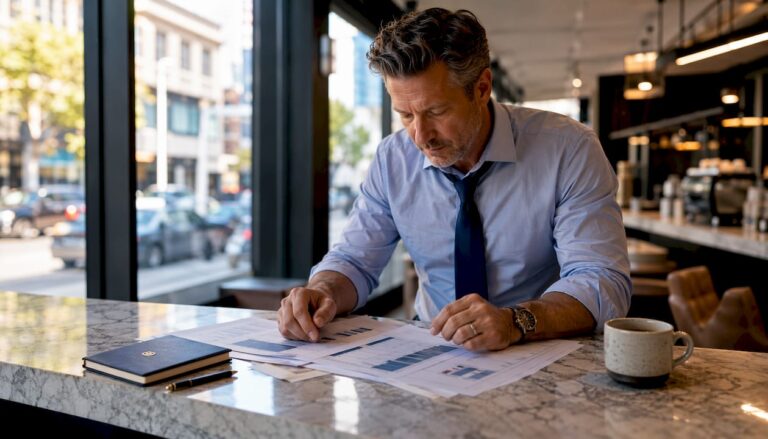 Businessman reviewing exit timeline documents