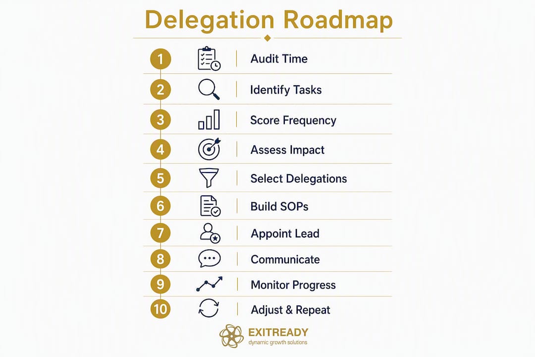 Infographic showing 10-step delegation checklist