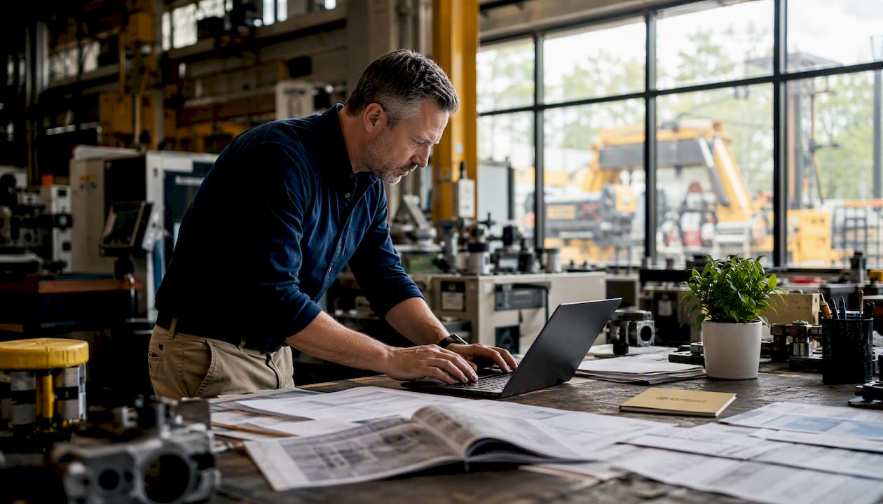 Manufacturing manager inputting data on laptop