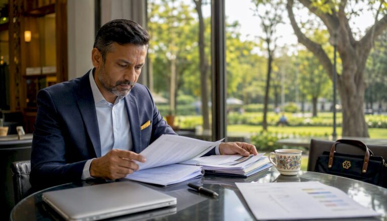 Man reviewing business acquisition documents