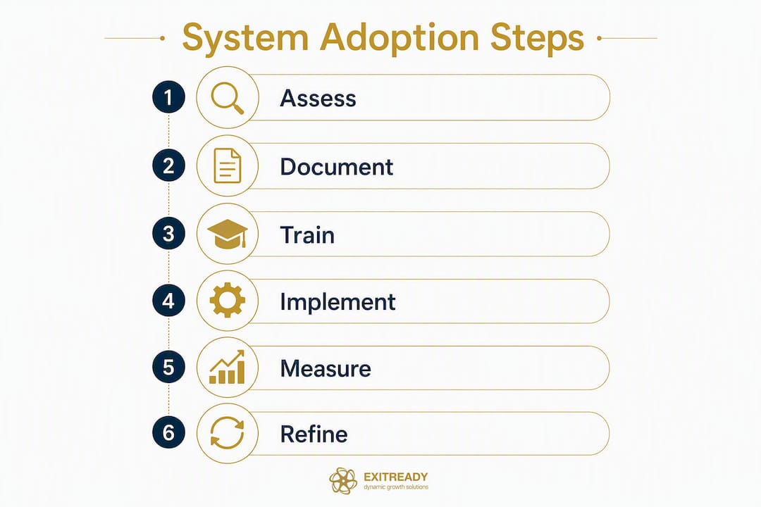 Infographic depicting six system adoption steps