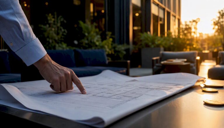 Hands pointing at operational blueprint