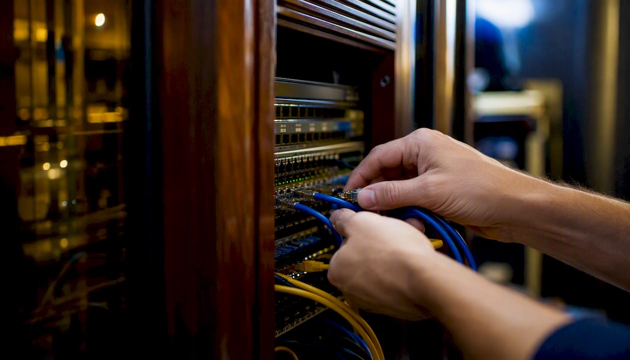 Hands inspecting data cables in server room