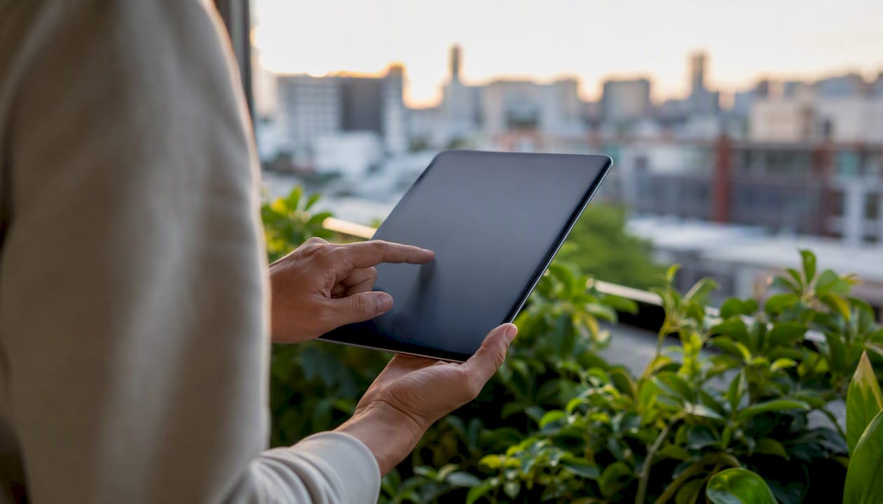 Hands pointing at tablet near plants