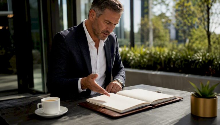 Business leader consulting playbook on desk