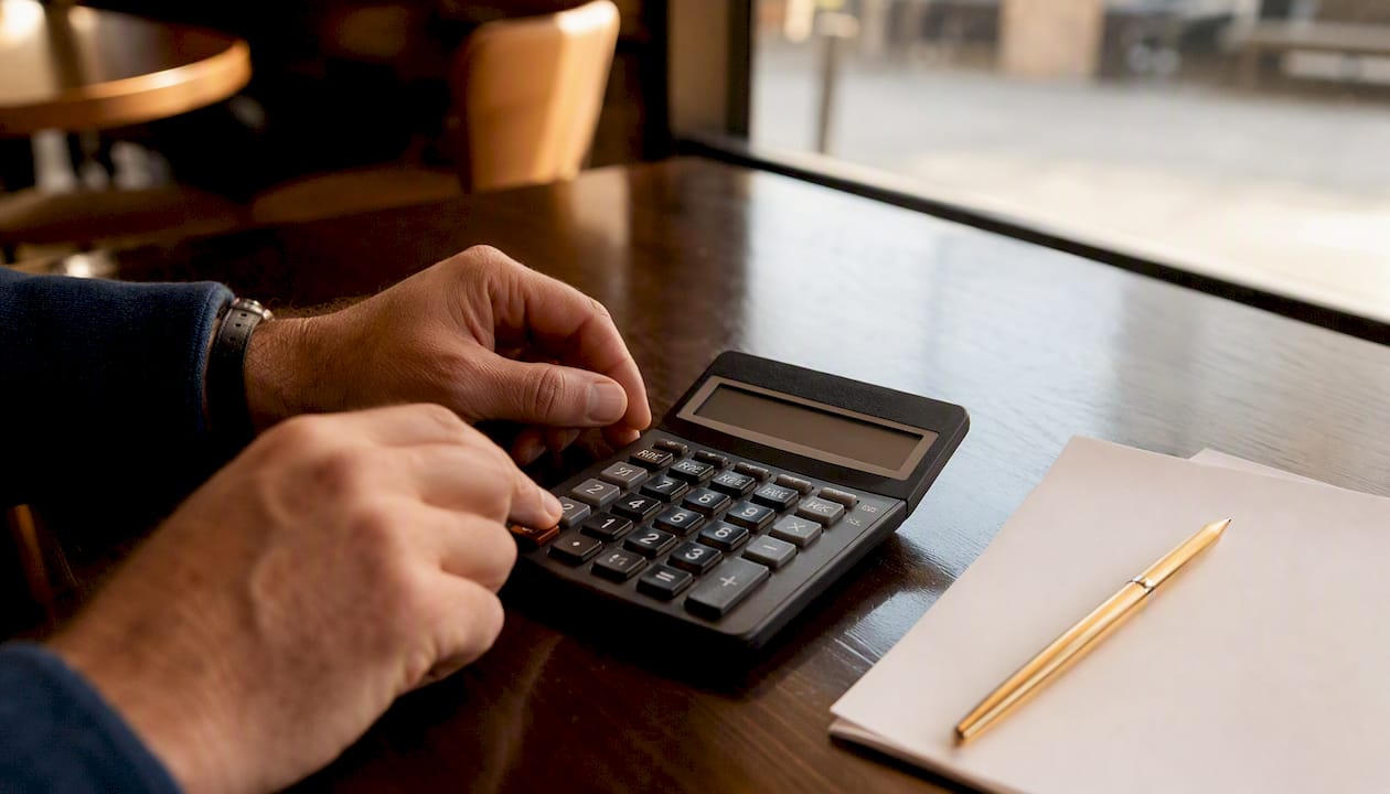 Hands using financial calculator on desk