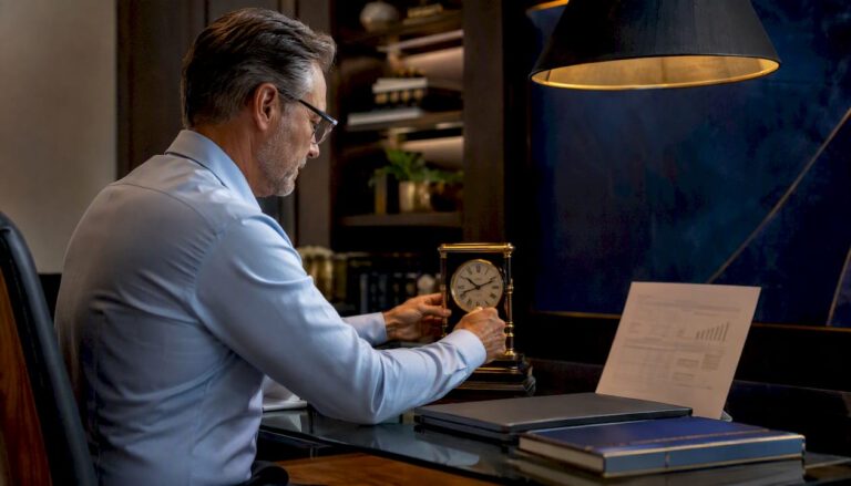 Executive workspace with KPI report and clock