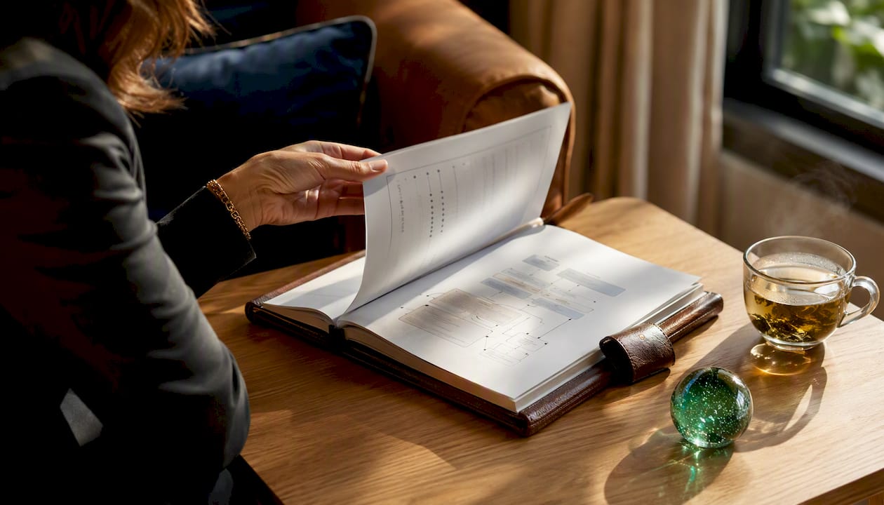 Open documented business playbook on table