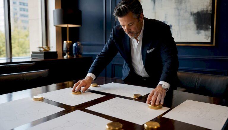 Business owner arranging process diagrams on desk