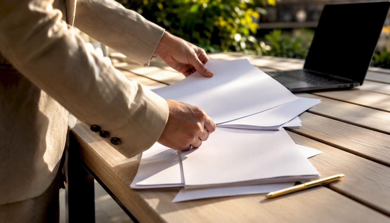 Hands organizing SOP documents on table