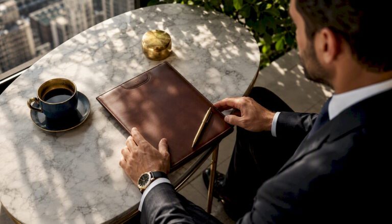 Hands arranging governance one-pager on desk