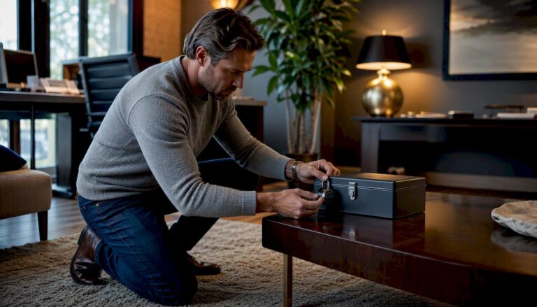 Hands locking a secure key box on desk