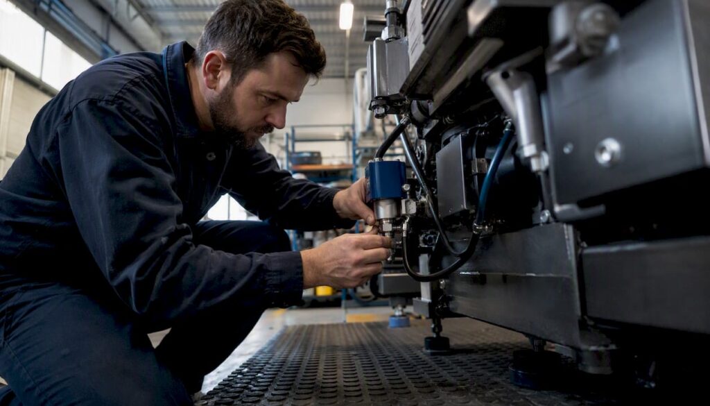 Technician adjusting sensor on industrial equipment