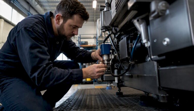 Technician adjusting sensor on industrial equipment