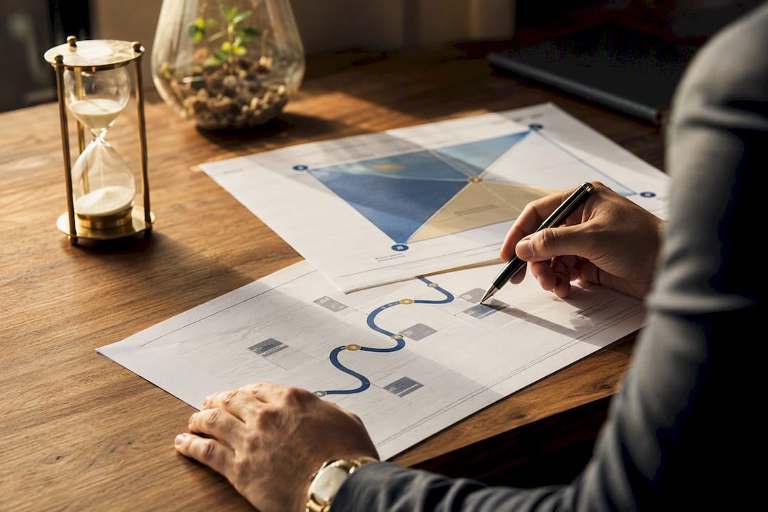 Hand pointing on strategy roadmap and X-matrix