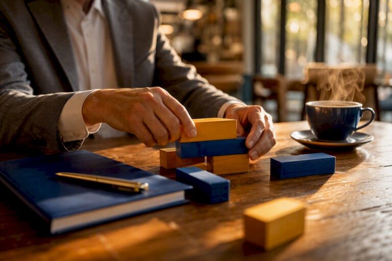Hands arranging strategy execution blocks on table