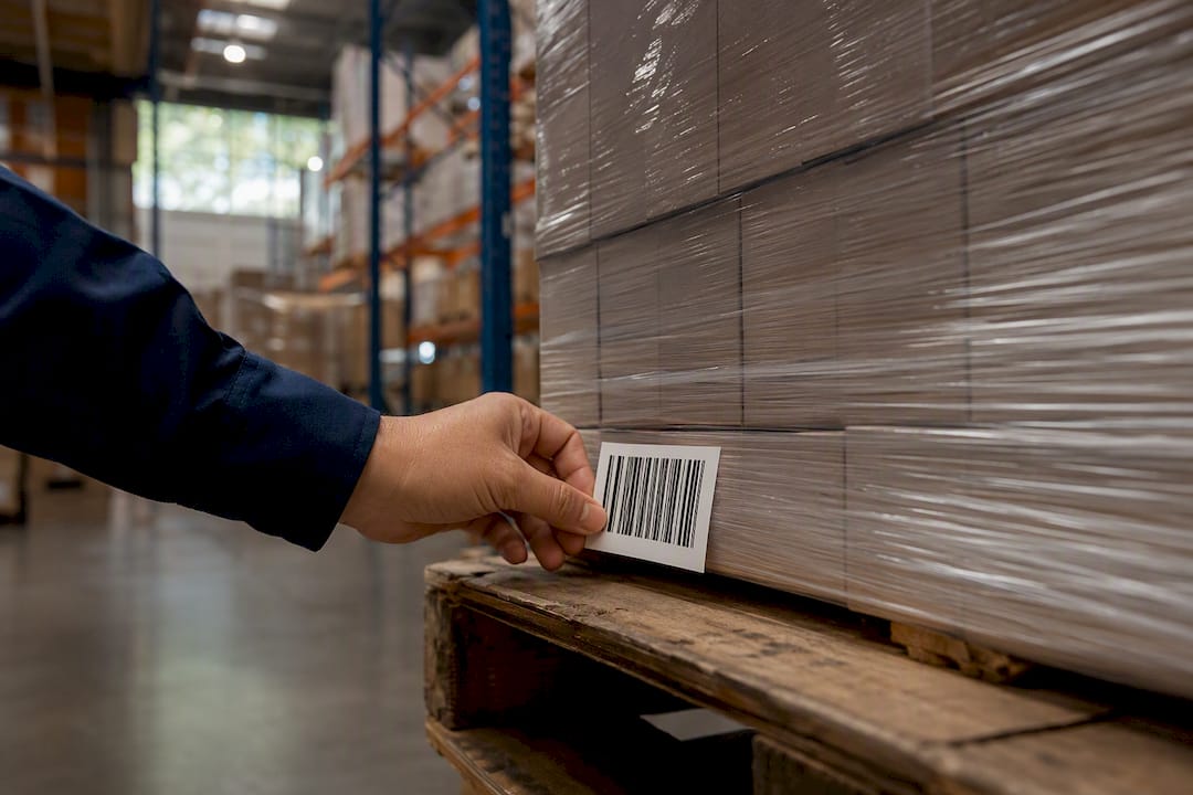 Hand tagging inventory pallet in warehouse