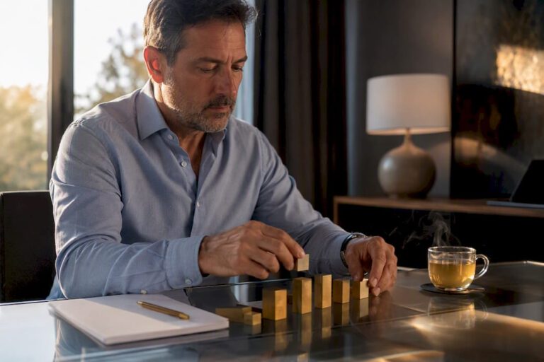 Hands arranging strategy blocks on desk