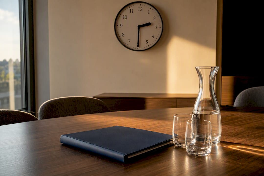 Meeting room with clock and facilitator binder