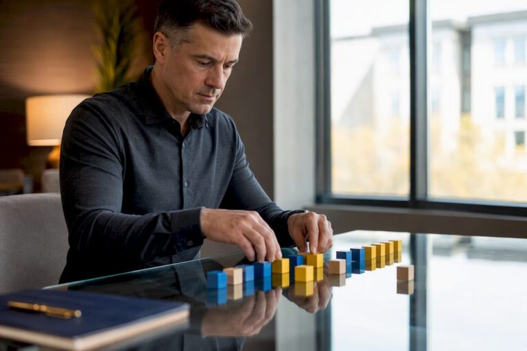 Hands arranging sales capacity blocks on desk
