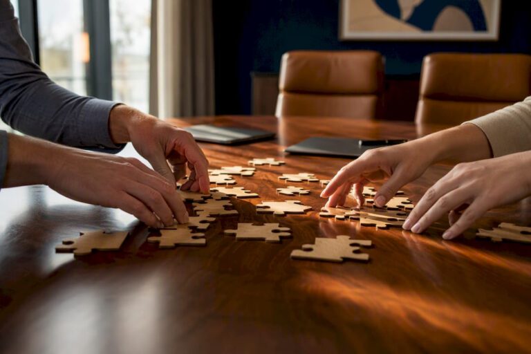 Hands arranging business puzzle pieces on table