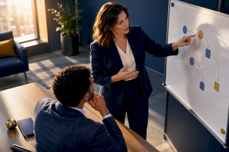 Manager explaining a workflow to successor