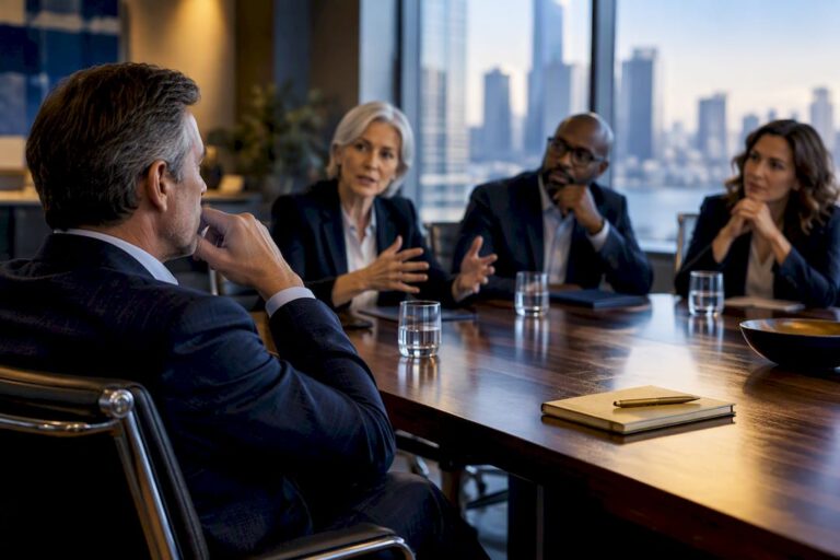 Founder listening to advisory board discussion