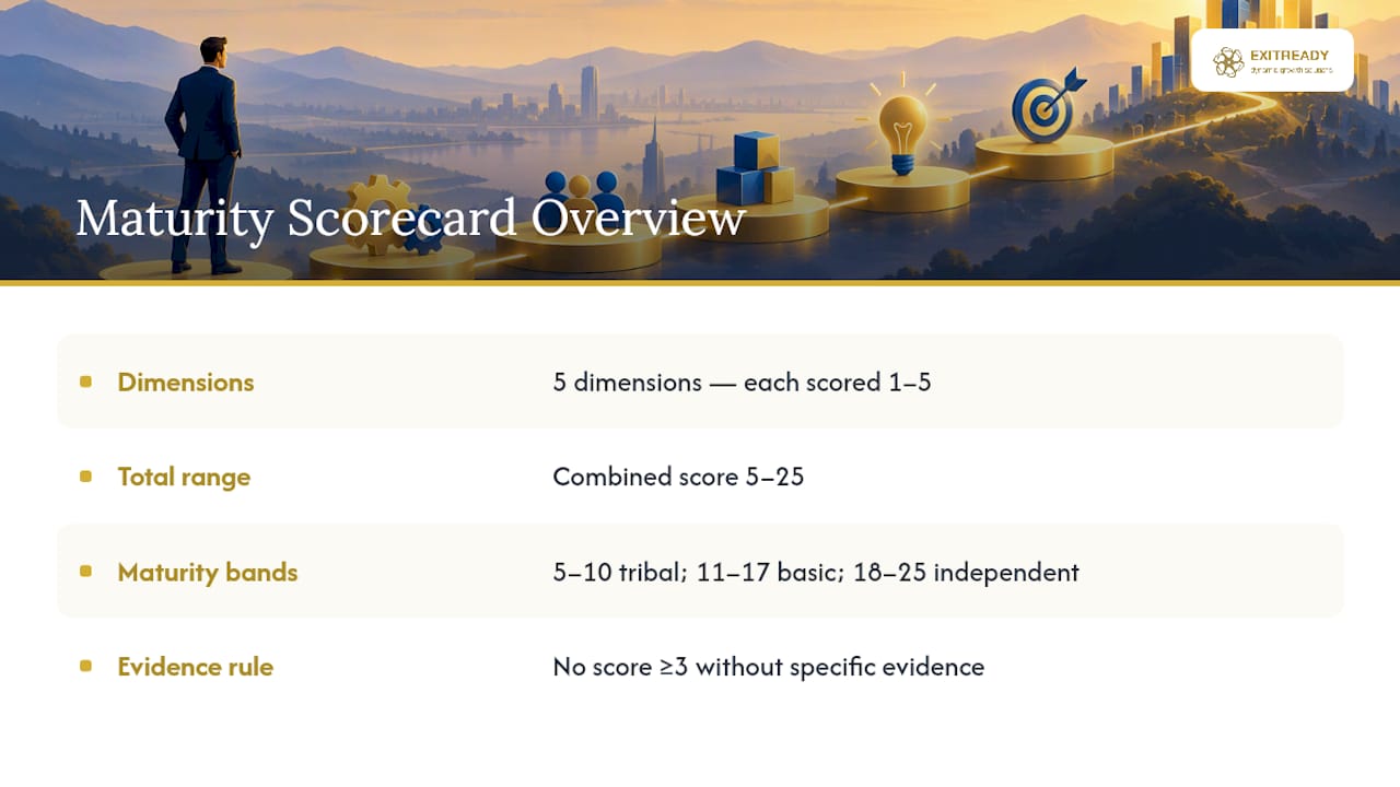 Five-dimension operational maturity scorecard