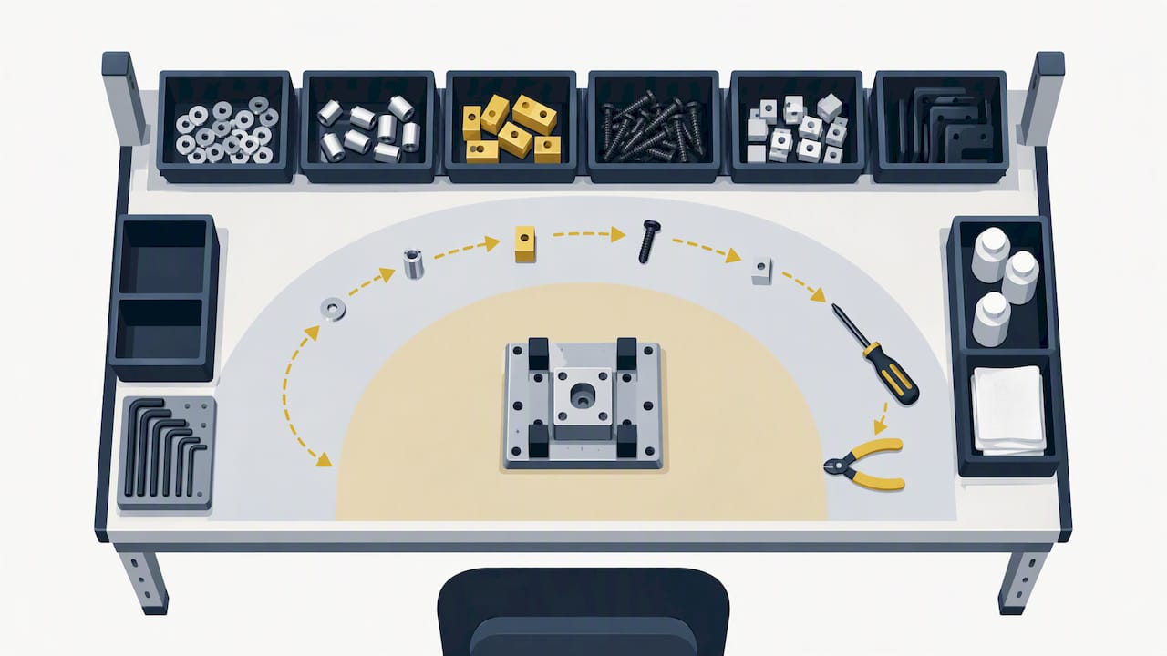 Illustrated workstation reach zones and tool placement