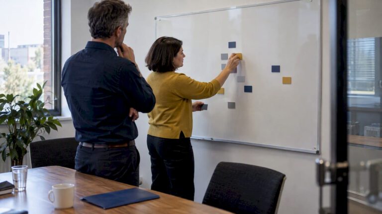 Leaders mapping KPI relationships on whiteboard
