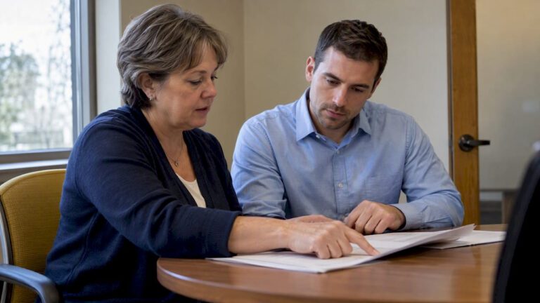 Property buyer and seller reviewing financing terms