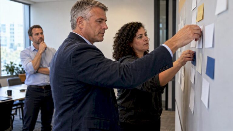 Leaders arrange initiatives on a roadmap board