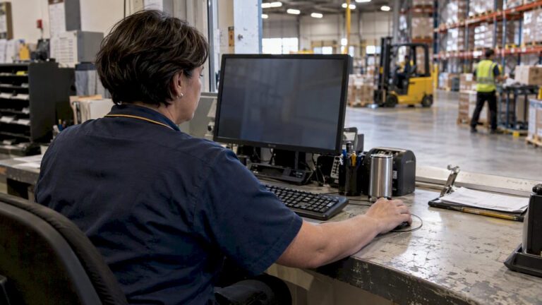 Warehouse lead checking an operating dashboard